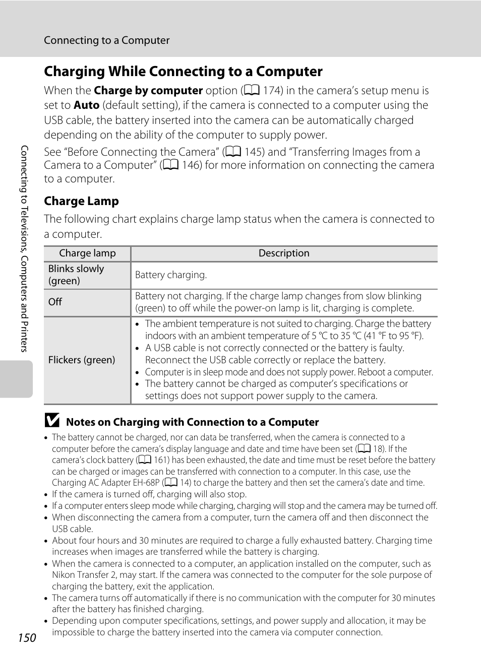 Charging while connecting to a computer, A 150, 17, Charge lamp | Nikon COOLPIX-S8100 User Manual | Page 162 / 220
