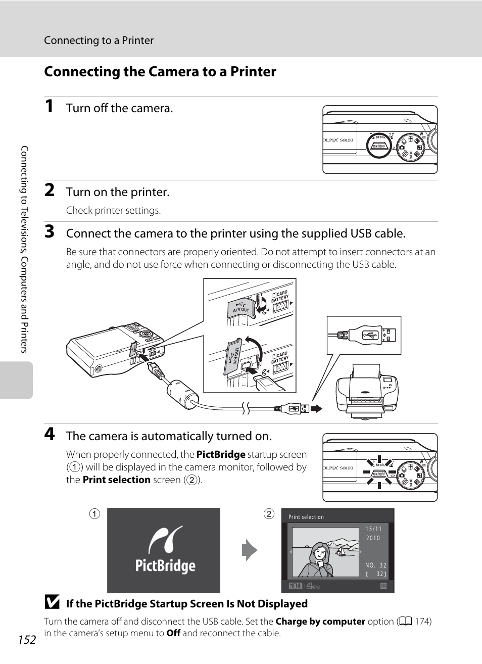 Connecting the camera to a printer, A 152) | Nikon COOLPIX-S8100 User Manual | Page 164 / 220