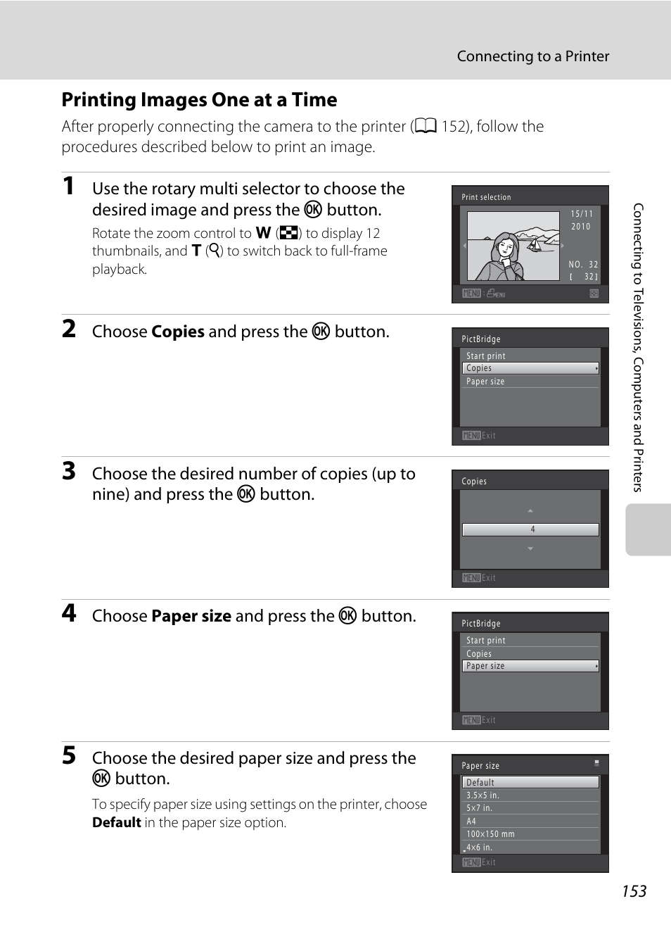 Printing images one at a time, A 153), Choose copies and press the k button | Choose paper size and press the k button | Nikon COOLPIX-S8100 User Manual | Page 165 / 220