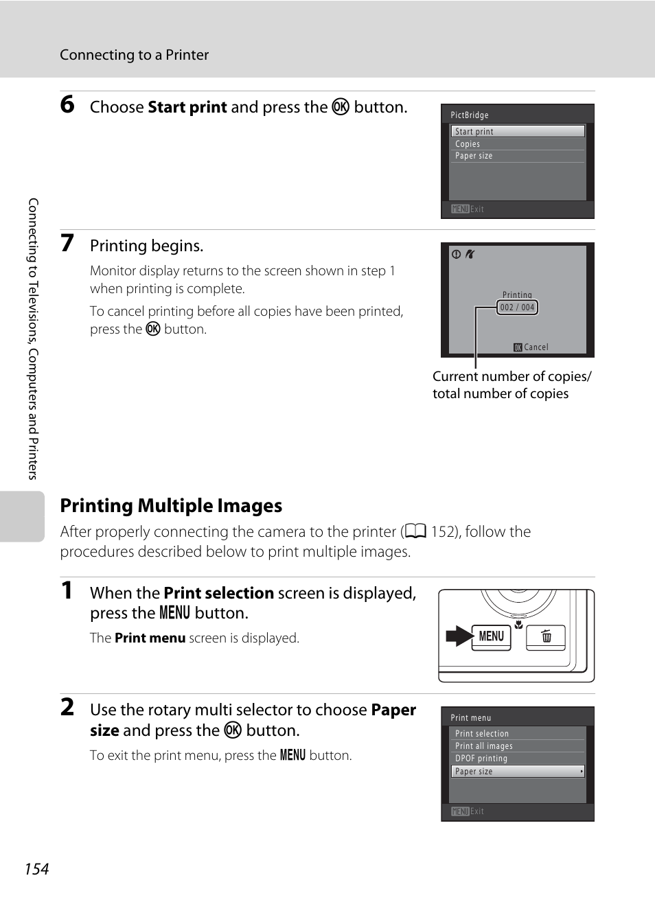 Printing multiple images, A 154), Choose start print and press the k button | Printing begins | Nikon COOLPIX-S8100 User Manual | Page 166 / 220