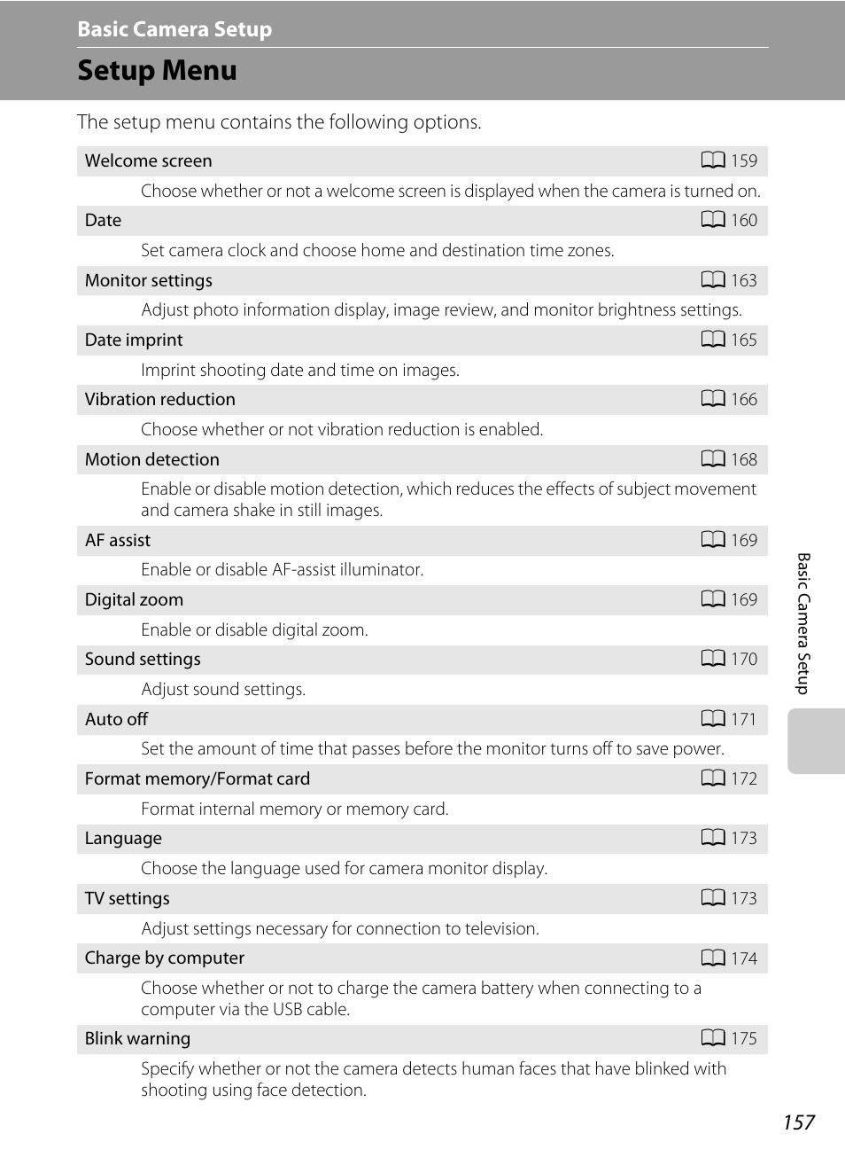 Basic camera setup, Setup menu, Nu (a 157) | A 157), A 157) and, A 157) when using, A 157 | Nikon COOLPIX-S8100 User Manual | Page 169 / 220