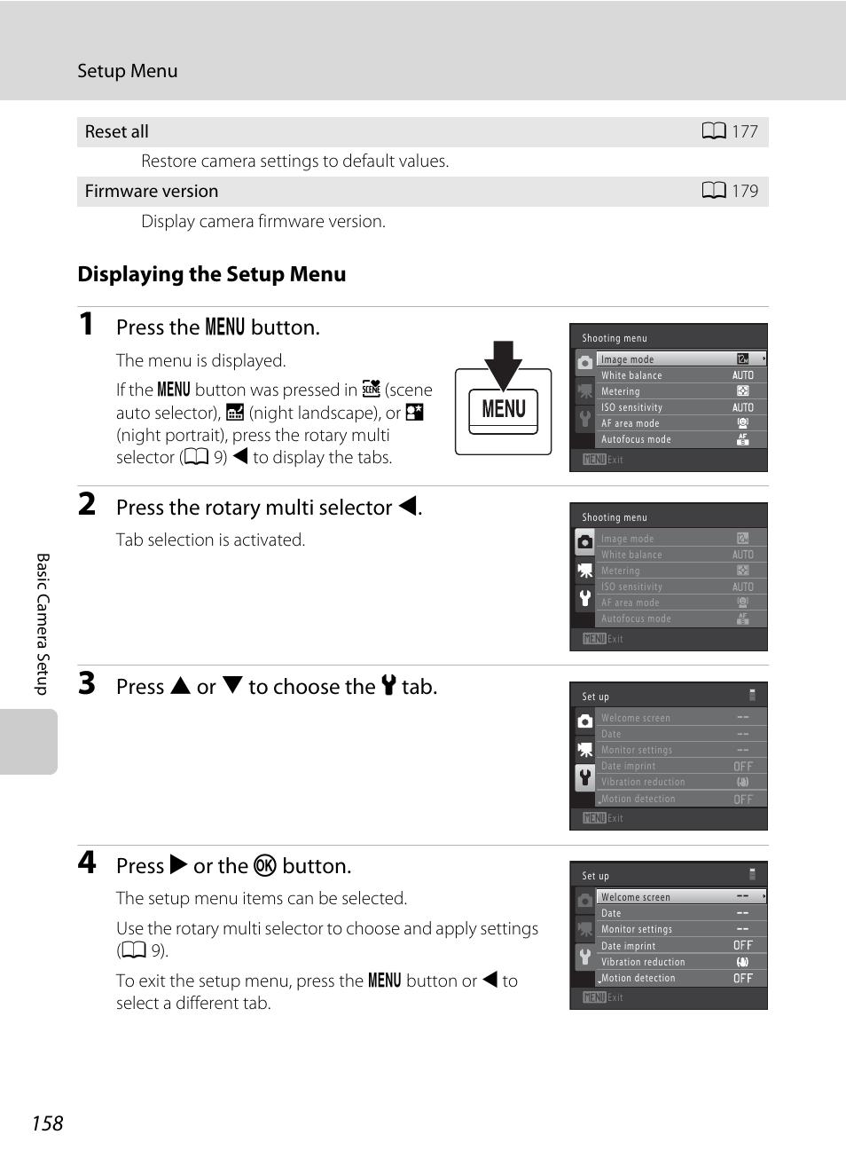 Displaying the setup menu, Press the d button, Press the rotary multi selector j | Press h or i to choose the z tab, Press k or the k button | Nikon COOLPIX-S8100 User Manual | Page 170 / 220