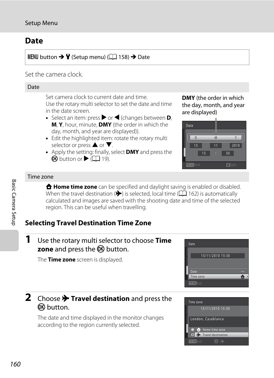 Date, A 160) i, A 160 | Selecting travel destination time zone, Choose x travel destination and press the k button, Set the camera clock | Nikon COOLPIX-S8100 User Manual | Page 172 / 220