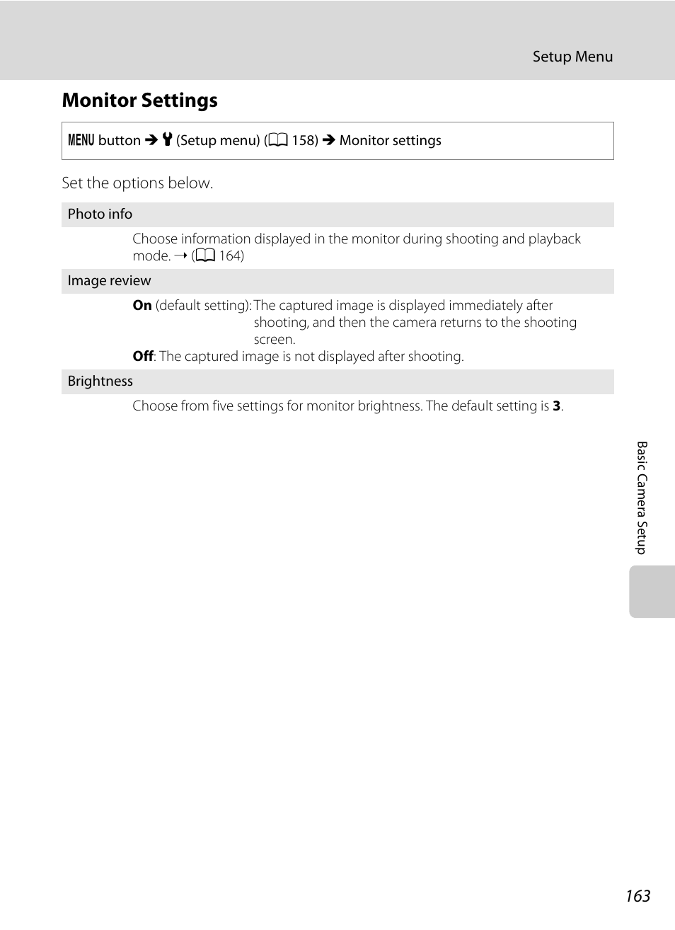 Monitor settings, A 163), Off after a few seconds | A 163 | Nikon COOLPIX-S8100 User Manual | Page 175 / 220