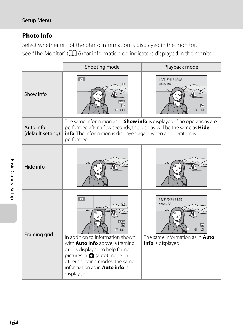 Photo info, Setup menu | Nikon COOLPIX-S8100 User Manual | Page 176 / 220