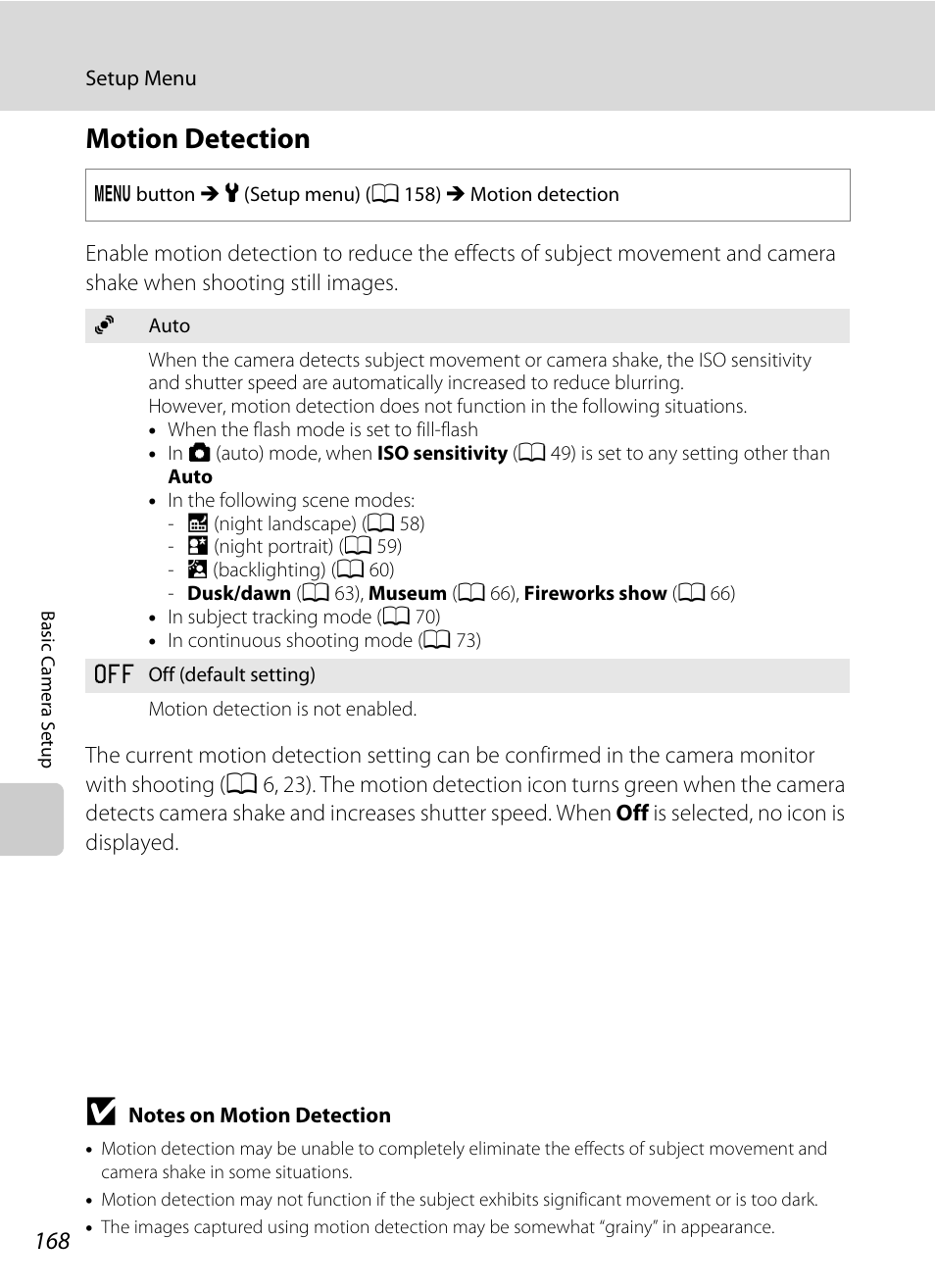 Motion detection, A 168) doe, A 168) | A 168 | Nikon COOLPIX-S8100 User Manual | Page 180 / 220