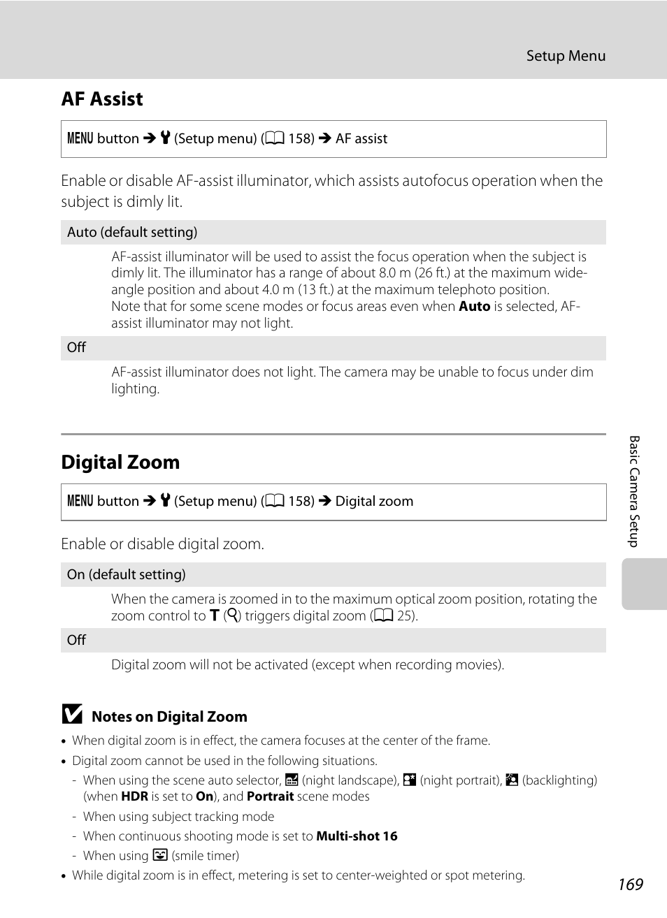 Af assist, Digital zoom, Af assist digital zoom | A 169) in, A 169) may light, A 169) does not, See “notes on digital zoom, A 169) for, A 169 | Nikon COOLPIX-S8100 User Manual | Page 181 / 220