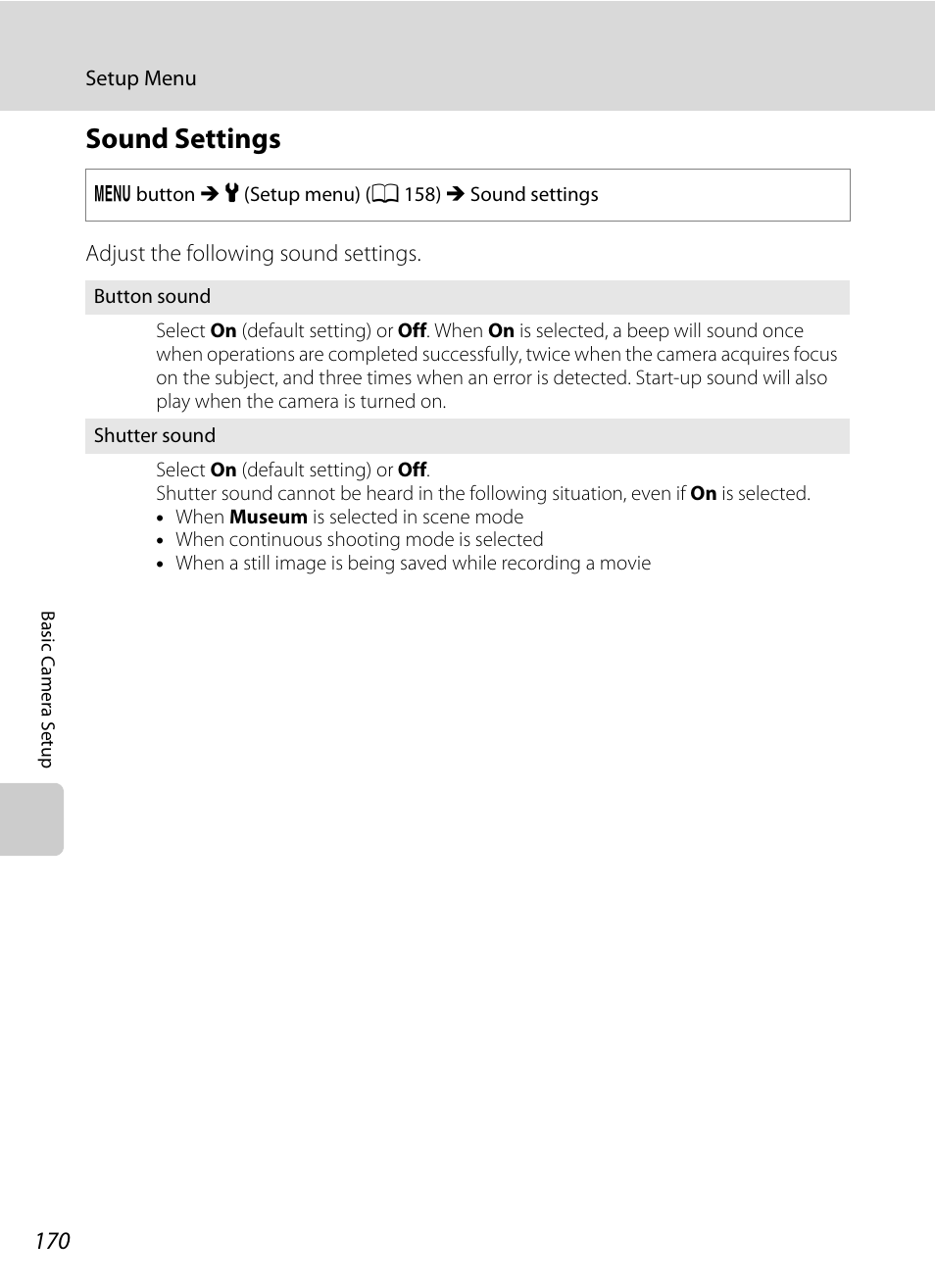 Sound settings, A 170 | Nikon COOLPIX-S8100 User Manual | Page 182 / 220