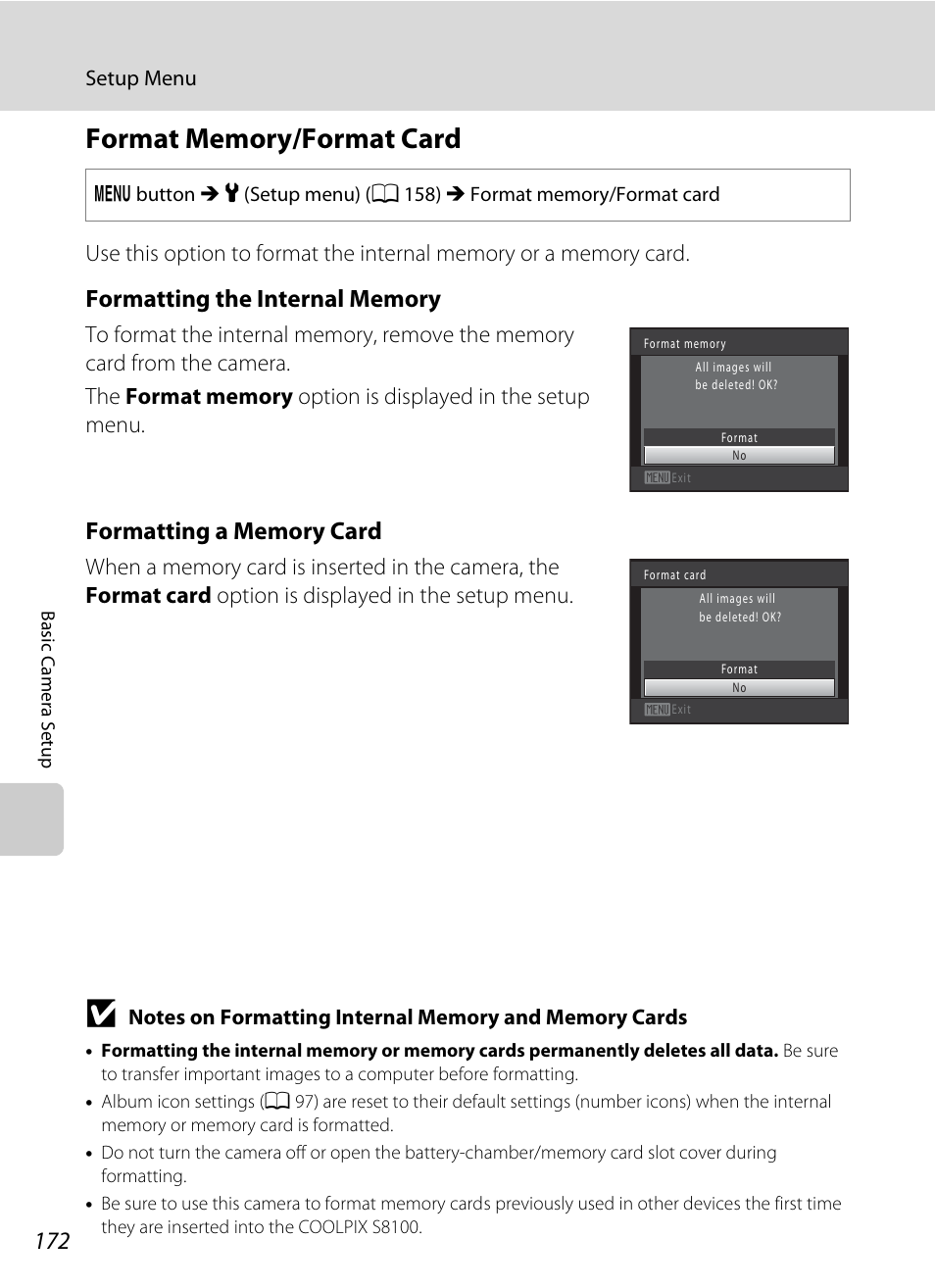 Format memory/format card, A 172), A 172 | Nikon COOLPIX-S8100 User Manual | Page 184 / 220