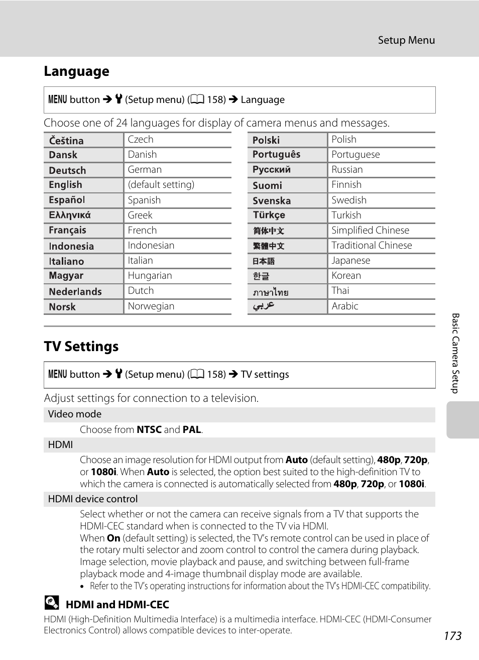 Language, Tv settings, Language tv settings | A 173 | Nikon COOLPIX-S8100 User Manual | Page 185 / 220