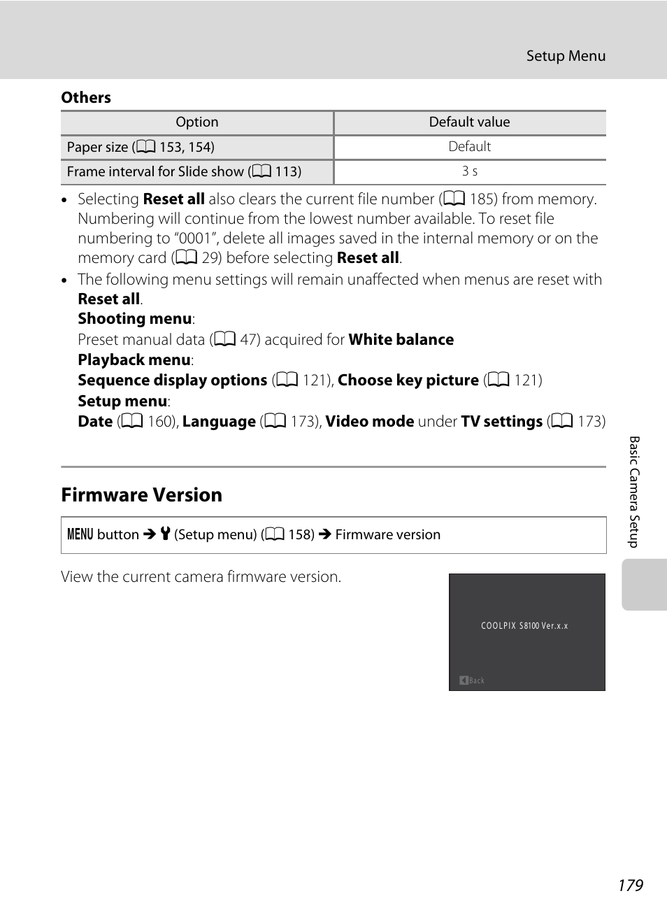 Firmware version, A 179 | Nikon COOLPIX-S8100 User Manual | Page 191 / 220