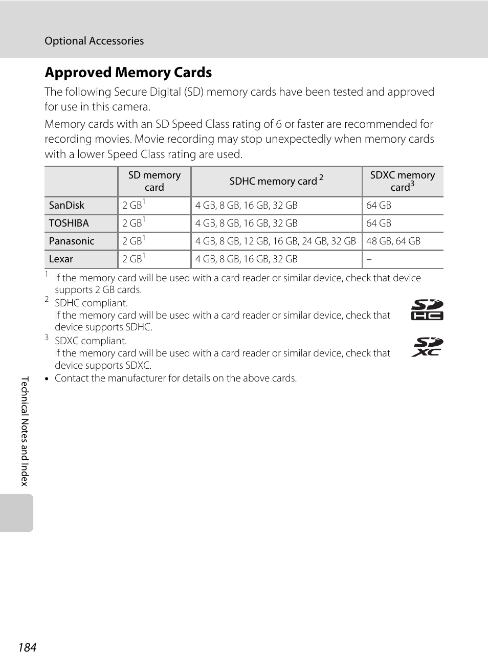 Approved memory cards, A 184) | Nikon COOLPIX-S8100 User Manual | Page 196 / 220