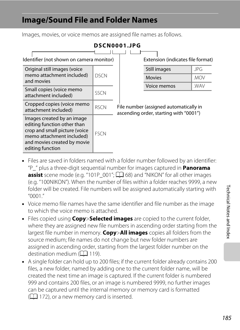 Image/sound file and folder names, E “image/sound file and folder names, A 185) | A 185, A 185). the editing f, A 185) for, Rrent file number (a 185) from memory | Nikon COOLPIX-S8100 User Manual | Page 197 / 220