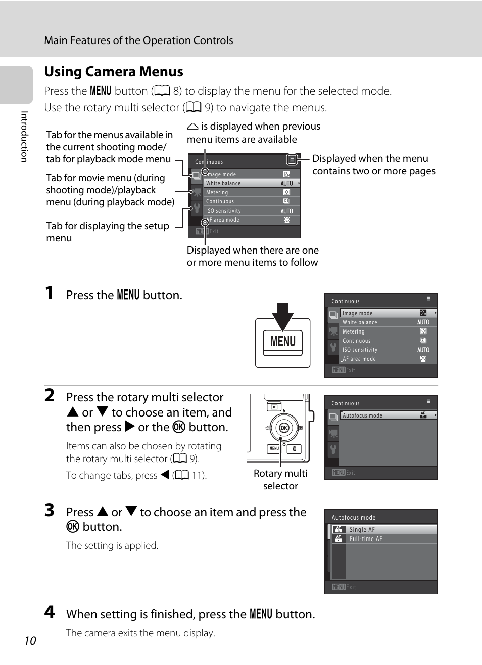 Using camera menus, A 10, Press the d button | When setting is finished, press the d button | Nikon COOLPIX-S8100 User Manual | Page 22 / 220