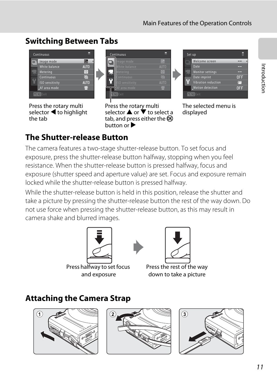 Switching between tabs, The shutter-release button, Attaching the camera strap | A 11, A 11), Switching between tabs the shutter-release button, Main features of the operation controls | Nikon COOLPIX-S8100 User Manual | Page 23 / 220