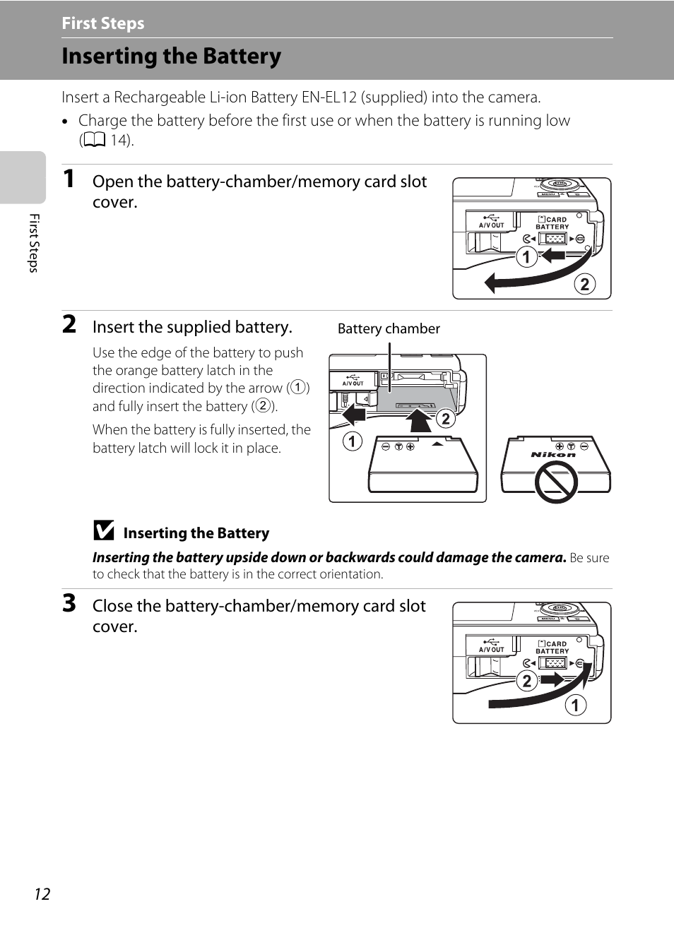 First steps, Inserting the battery | Nikon COOLPIX-S8100 User Manual | Page 24 / 220