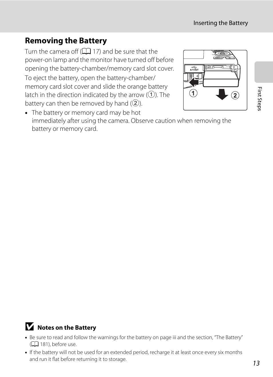 Removing the battery | Nikon COOLPIX-S8100 User Manual | Page 25 / 220