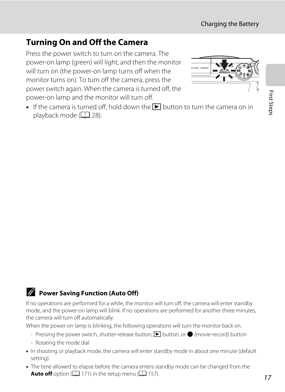 Turning on and off the camera, A 17), A 17) and be sure | Nikon COOLPIX-S8100 User Manual | Page 29 / 220