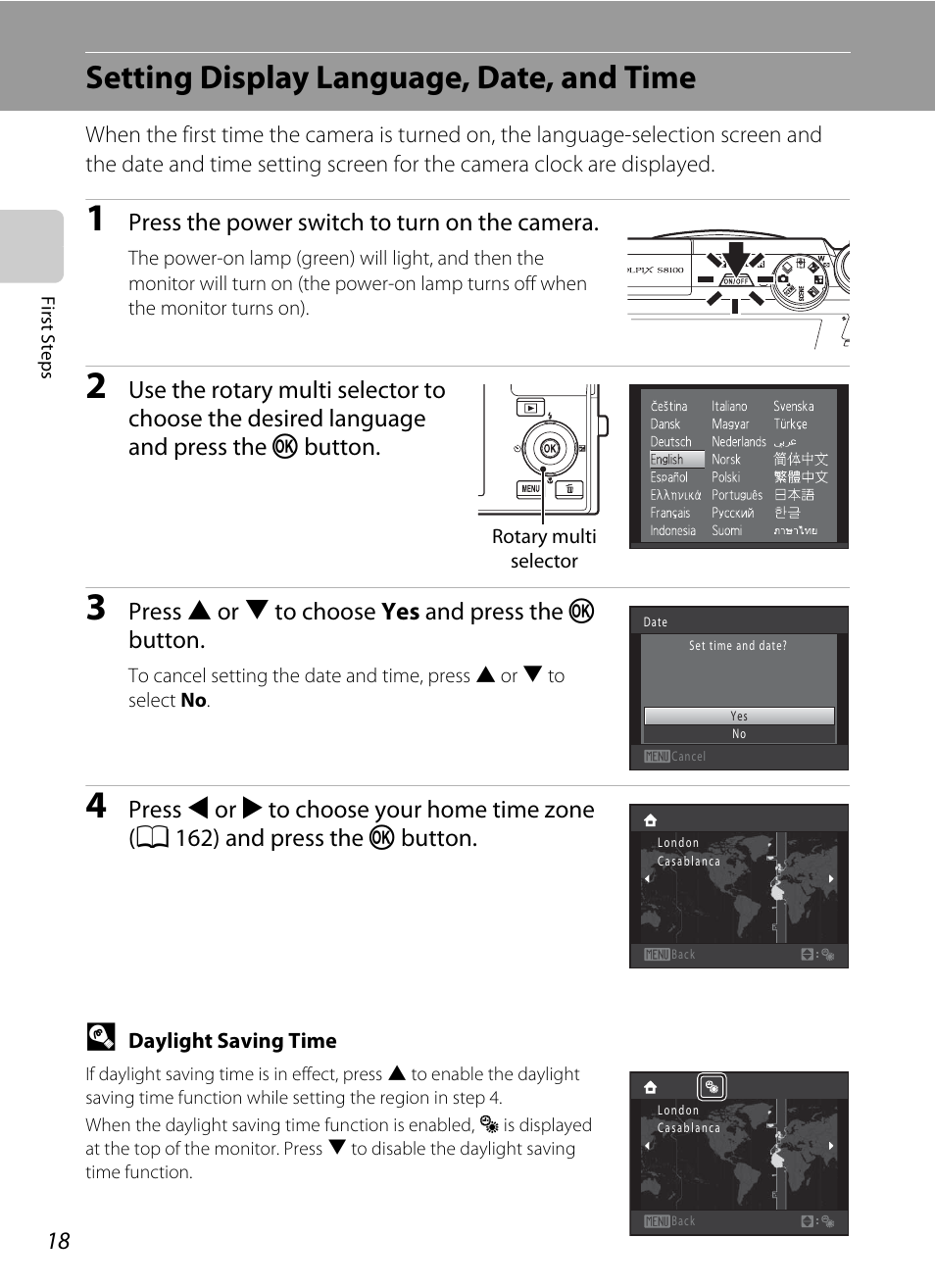 Setting display language, date, and time | Nikon COOLPIX-S8100 User Manual | Page 30 / 220