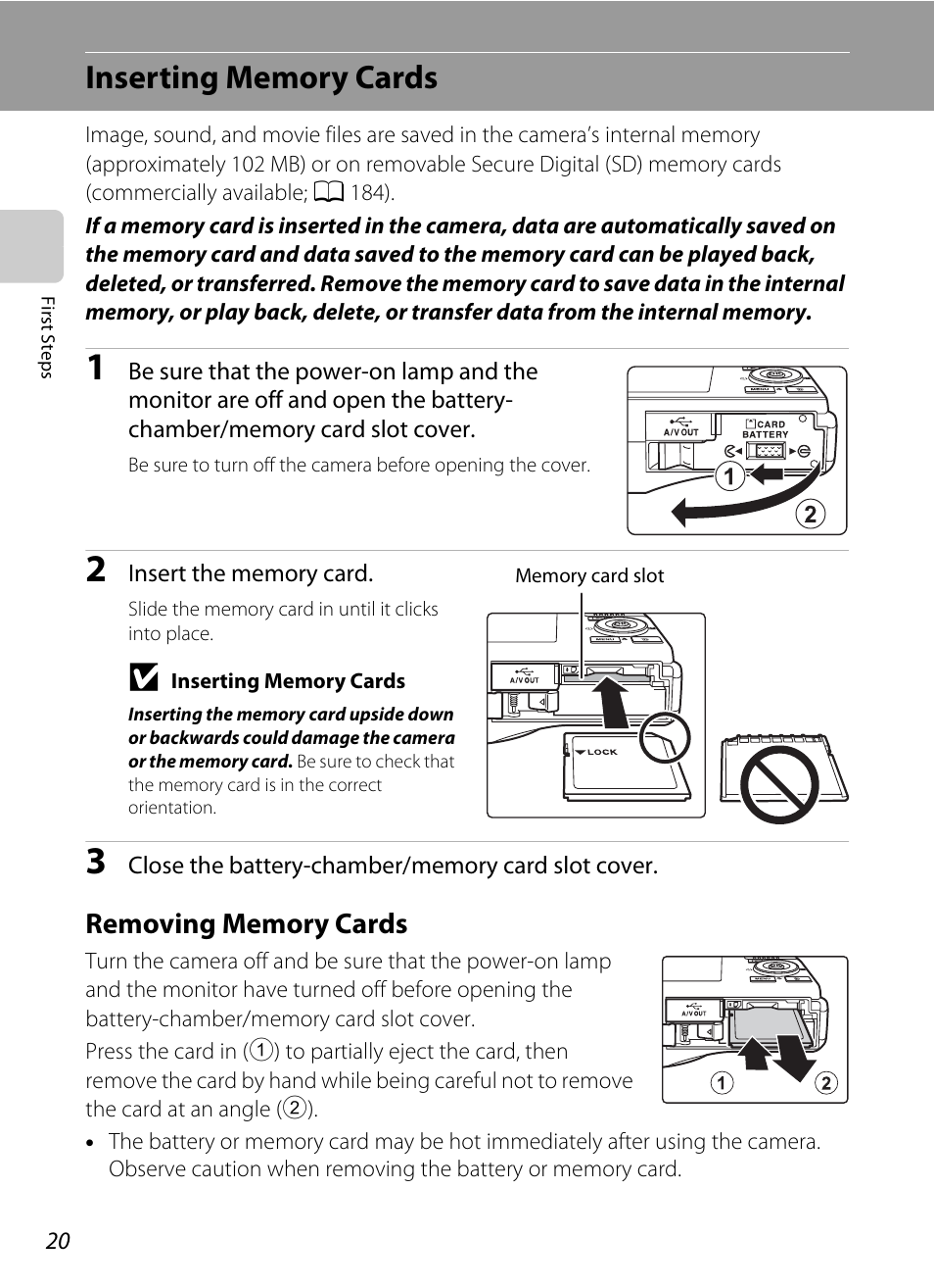 Inserting memory cards, Removing memory cards | Nikon COOLPIX-S8100 User Manual | Page 32 / 220