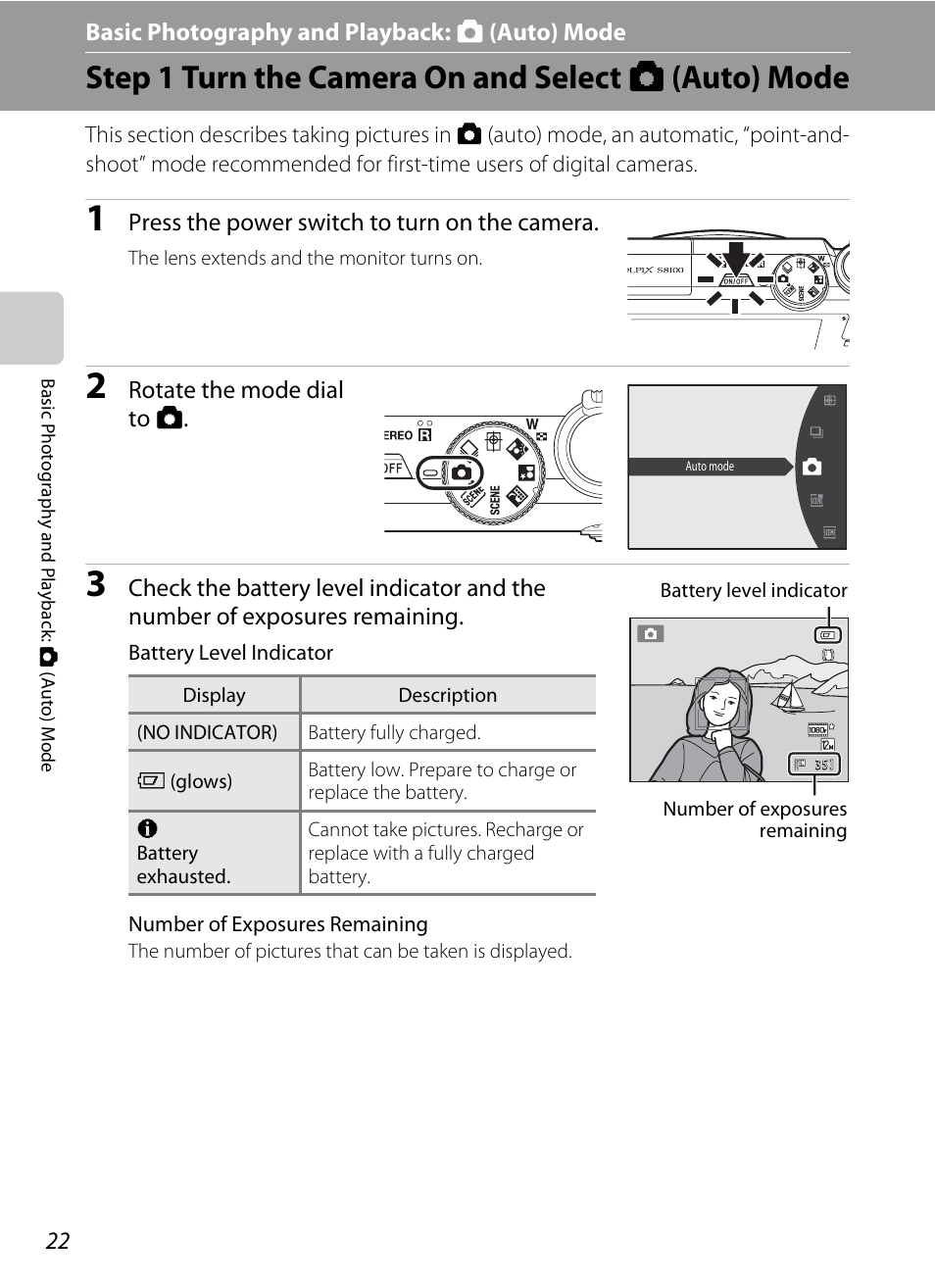 Basic photography and playback: auto mode, Step 1 turn the camera on and select auto mode, Basic photography and playback: a (auto) mode | Step 1 turn the camera on and select a (auto) mode | Nikon COOLPIX-S8100 User Manual | Page 34 / 220