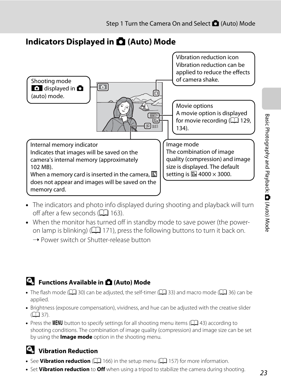 Indicators displayed in auto mode, Indicators displayed in a (auto) mode | Nikon COOLPIX-S8100 User Manual | Page 35 / 220