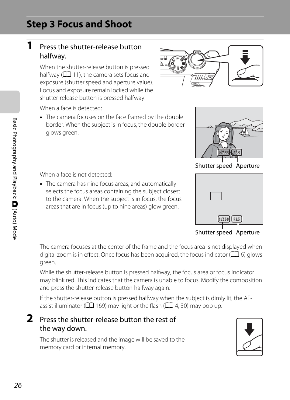 Step 3 focus and shoot, Press the shutter-release button halfway | Nikon COOLPIX-S8100 User Manual | Page 38 / 220