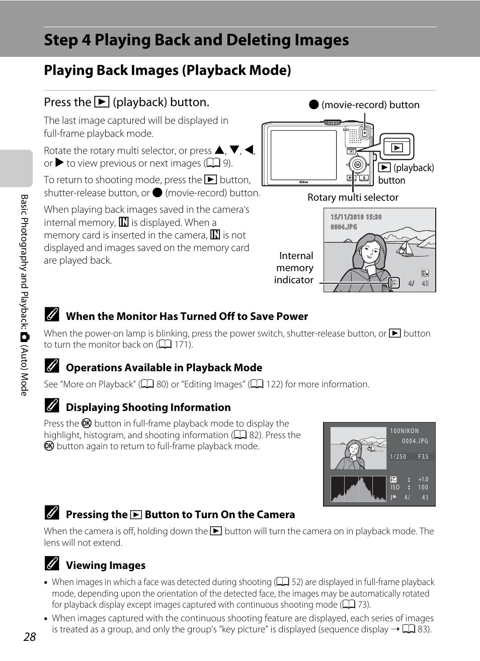 Step 4 playing back and deleting images, Playing back images (playback mode), A 28, 80, 140) | Ck mode, A 28), Press the c (playback) button | Nikon COOLPIX-S8100 User Manual | Page 40 / 220