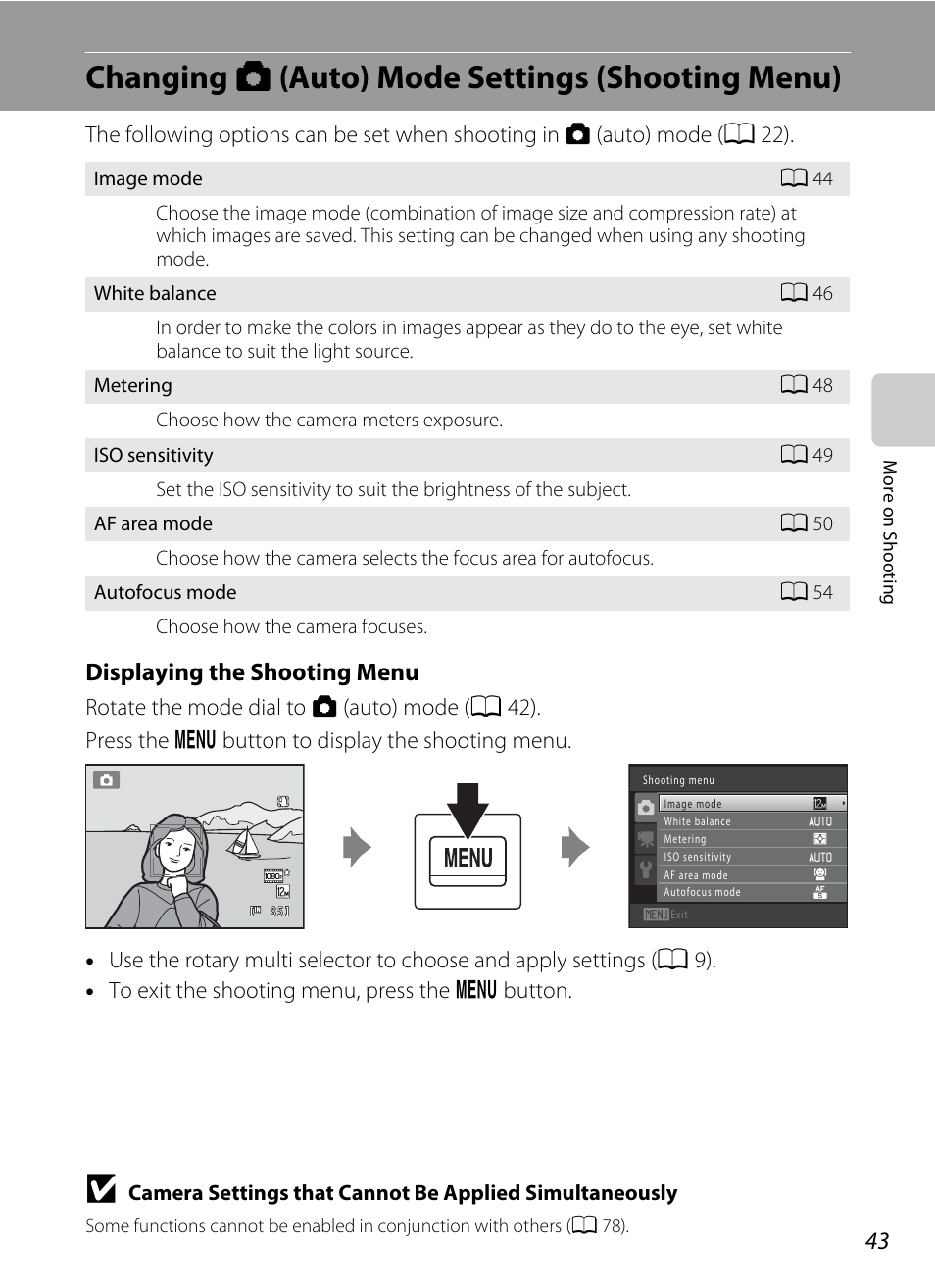 Changing auto mode settings (shooting menu), Changing a (auto) mode settings (shooting menu), A 43 | A 43), Displaying the shooting menu | Nikon COOLPIX-S8100 User Manual | Page 55 / 220