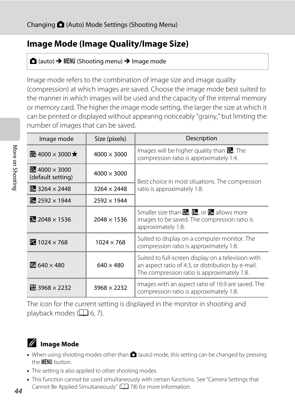 Image mode (image quality/image size), A 44) a, A 44 | Nikon COOLPIX-S8100 User Manual | Page 56 / 220