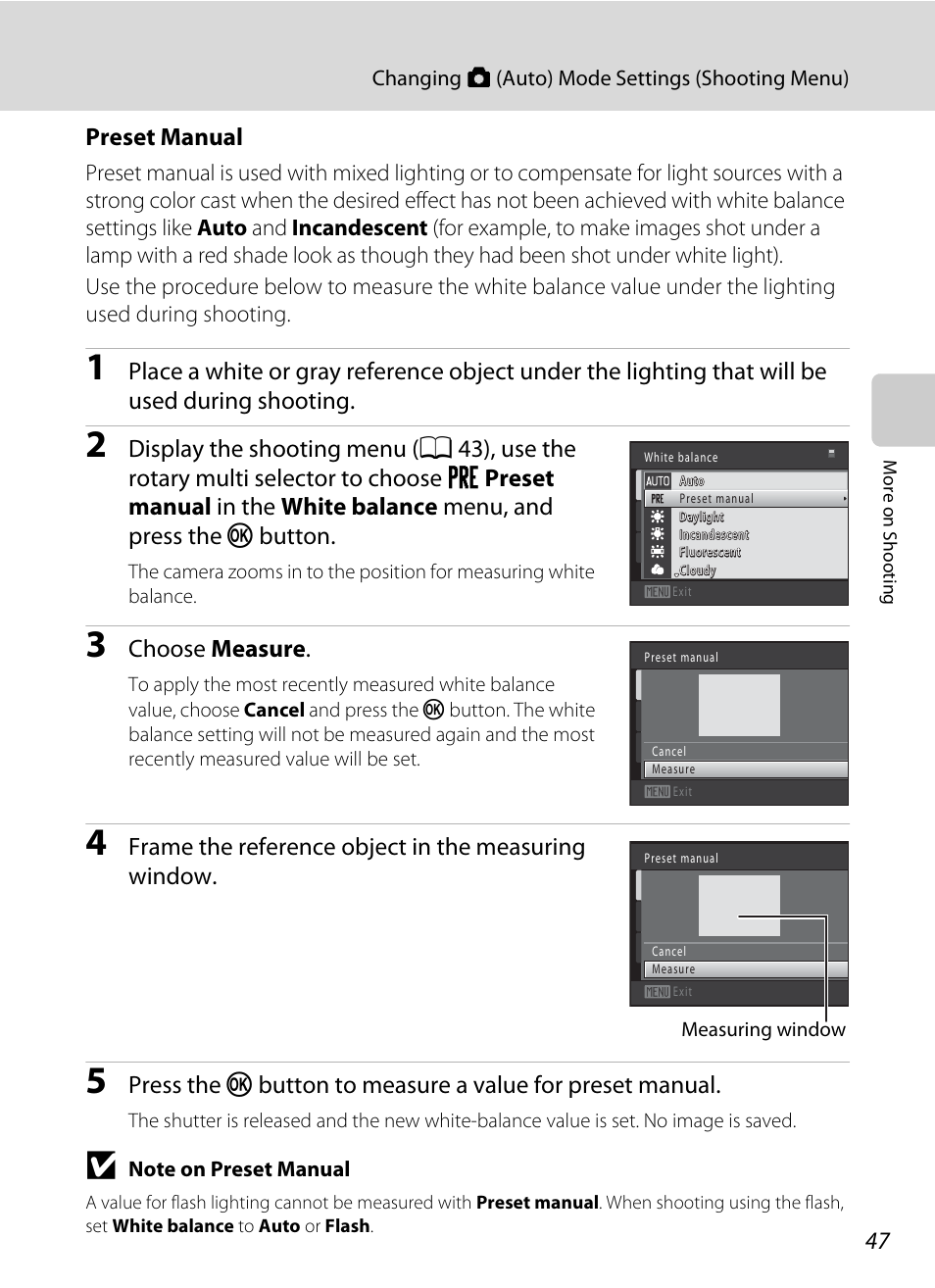 Preset manual, A 47), Choose measure | Frame the reference object in the measuring window | Nikon COOLPIX-S8100 User Manual | Page 59 / 220