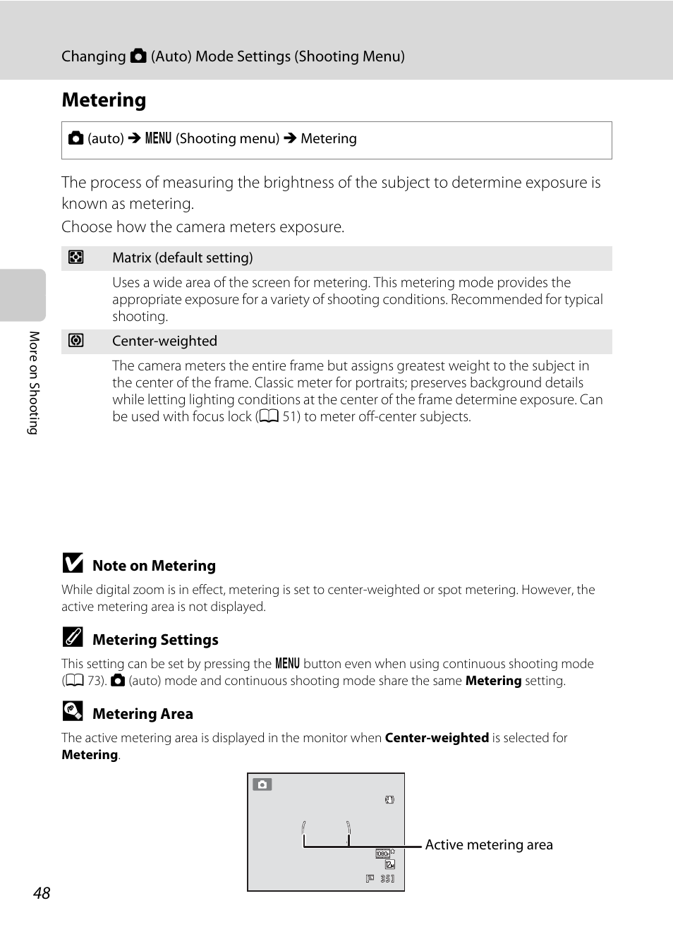 Metering, A 48 | Nikon COOLPIX-S8100 User Manual | Page 60 / 220