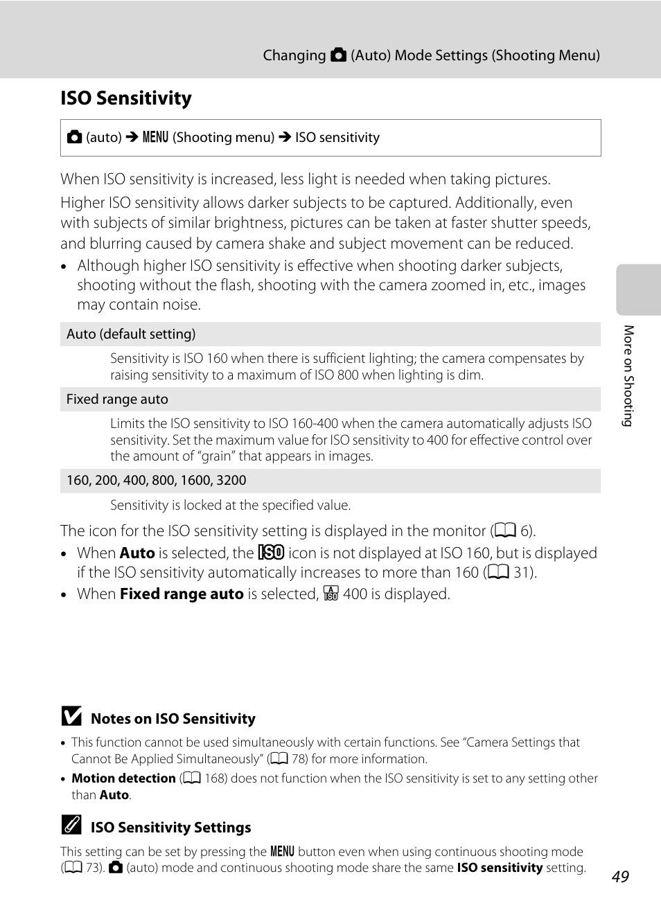 Iso sensitivity, A 49 | Nikon COOLPIX-S8100 User Manual | Page 61 / 220