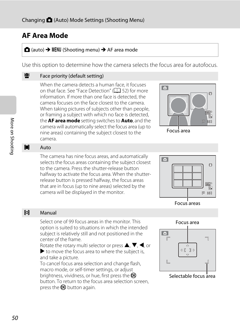 Af area mode, Ee “af area mode, A 50) | A 50 | Nikon COOLPIX-S8100 User Manual | Page 62 / 220