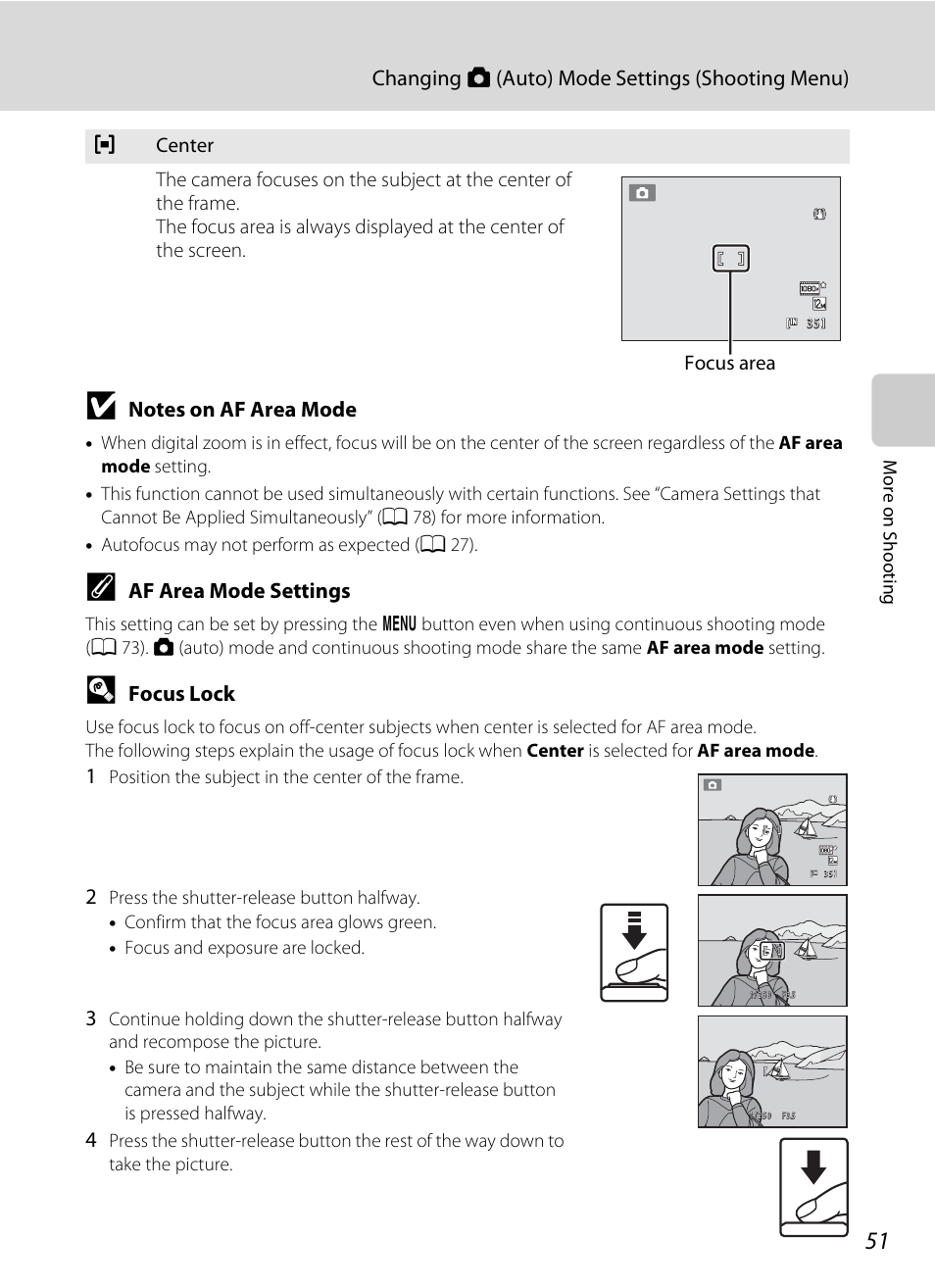A 51, Changing a (auto) mode settings (shooting menu), Af area mode settings | Focus lock | Nikon COOLPIX-S8100 User Manual | Page 63 / 220