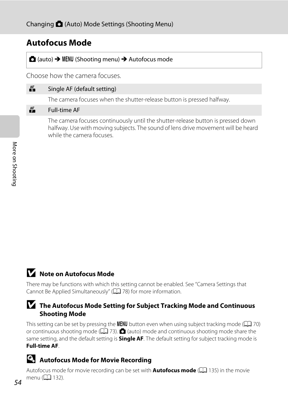 Autofocus mode, A 54 | Nikon COOLPIX-S8100 User Manual | Page 66 / 220