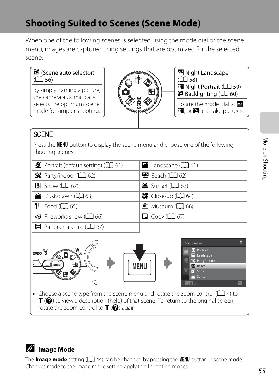 Shooting suited to scenes (scene mode), A 55) and, A 55) | Nikon COOLPIX-S8100 User Manual | Page 67 / 220
