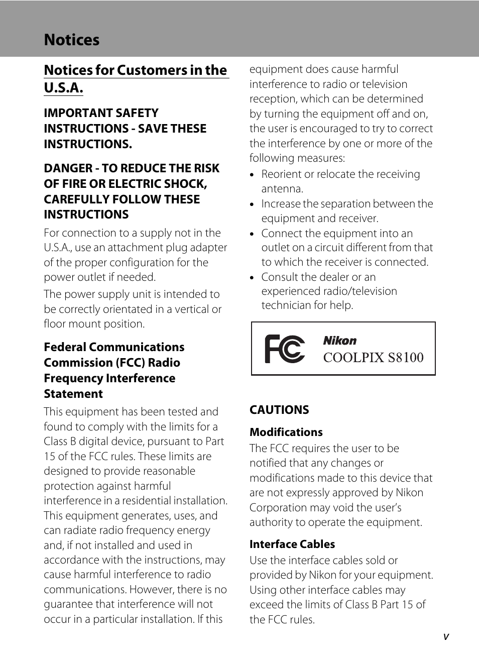 Notices, Notices for customers in the u.s.a | Nikon COOLPIX-S8100 User Manual | Page 7 / 220