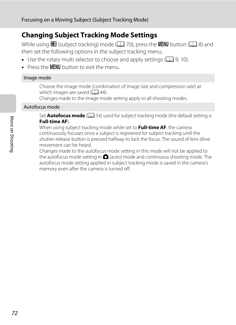 Changing subject tracking mode settings, A 72 | Nikon COOLPIX-S8100 User Manual | Page 84 / 220
