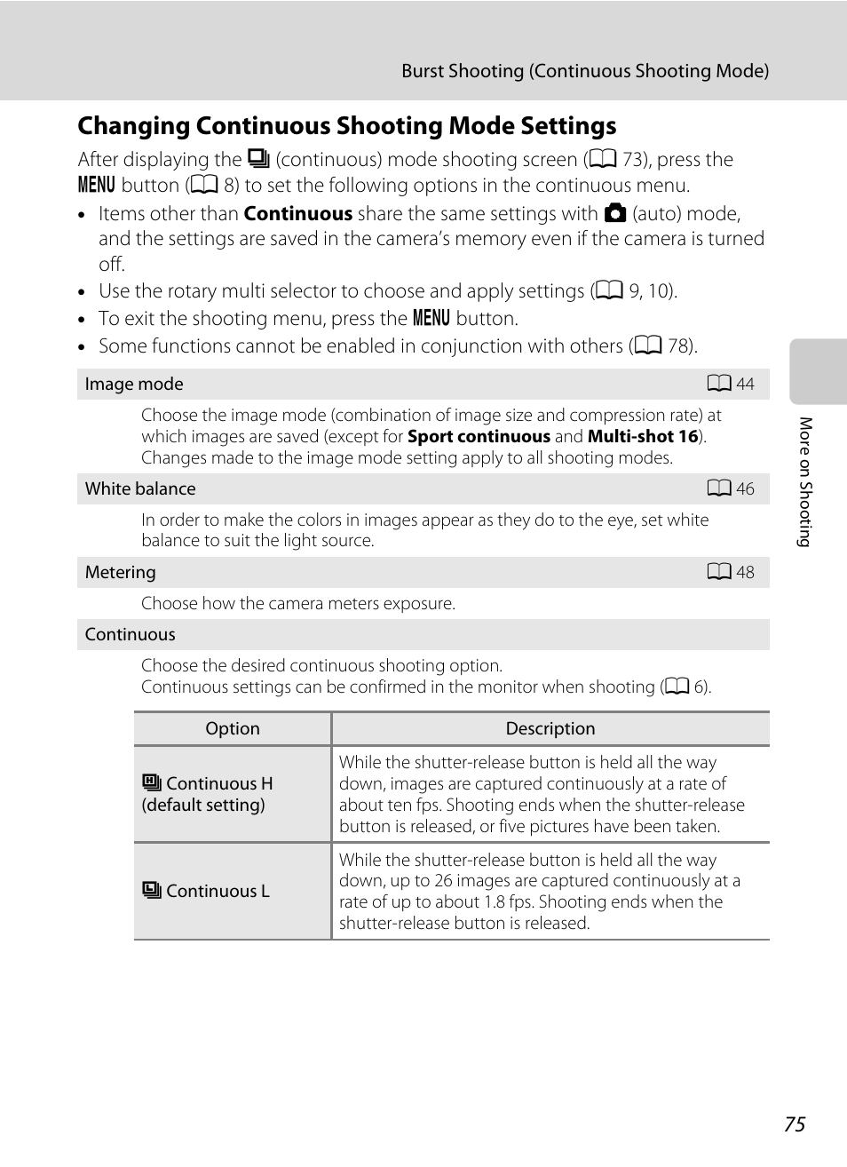 Changing continuous shooting mode settings, A 75) | Nikon COOLPIX-S8100 User Manual | Page 87 / 220