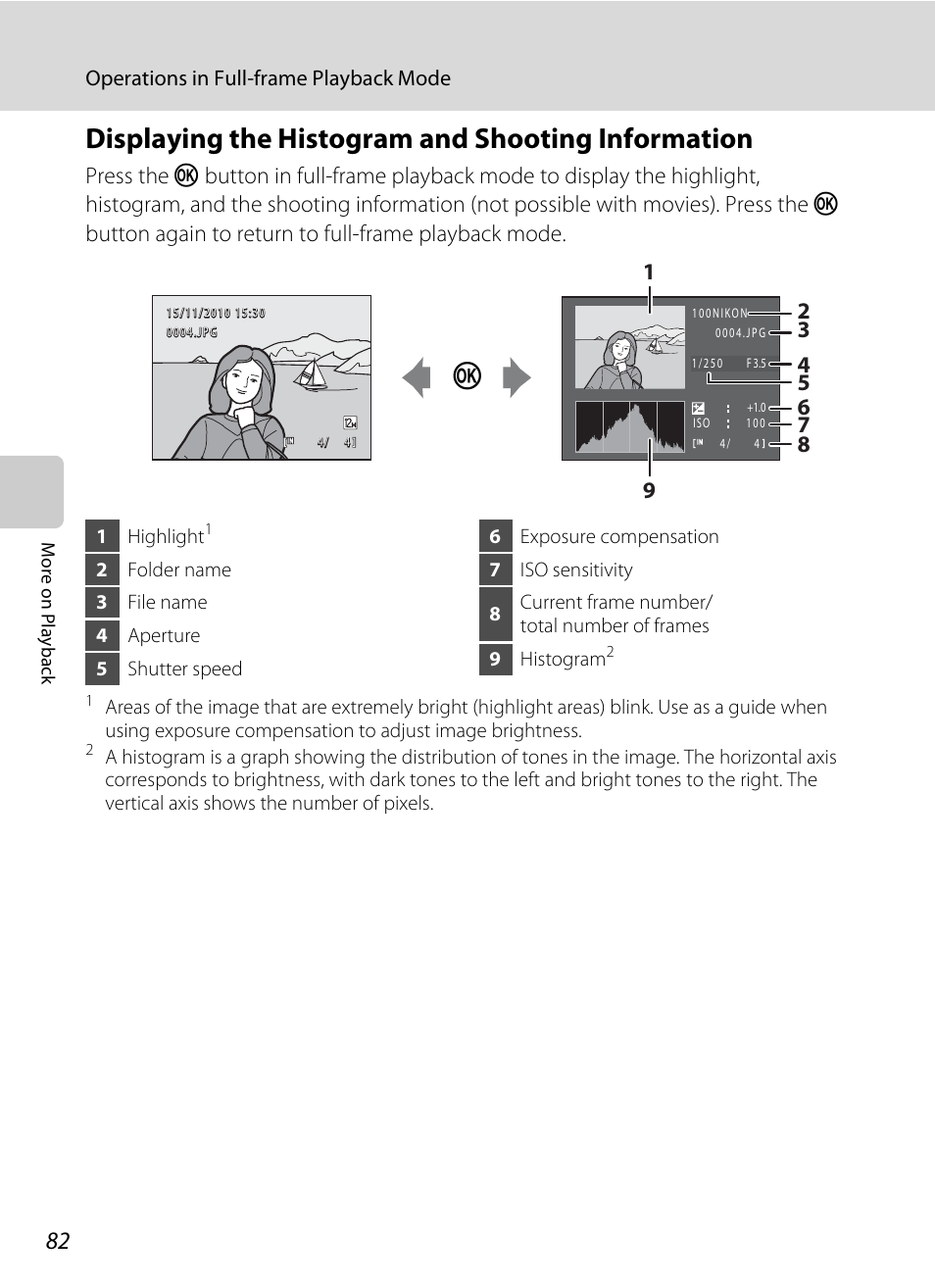 Displaying the histogram and shooting information, A 82) | Nikon COOLPIX-S8100 User Manual | Page 94 / 220