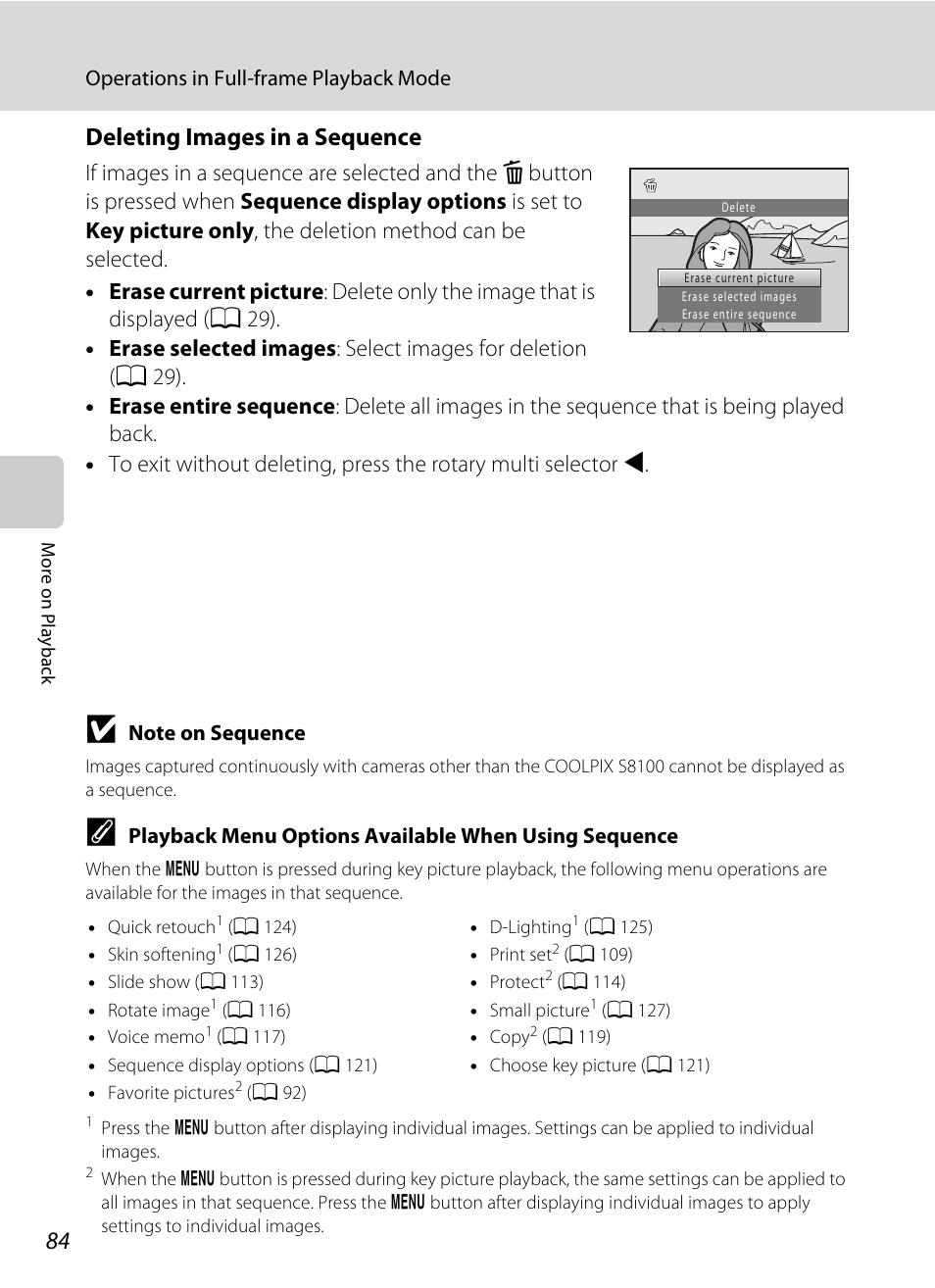 Deleting images in a sequence, A 84) | Nikon COOLPIX-S8100 User Manual | Page 96 / 220