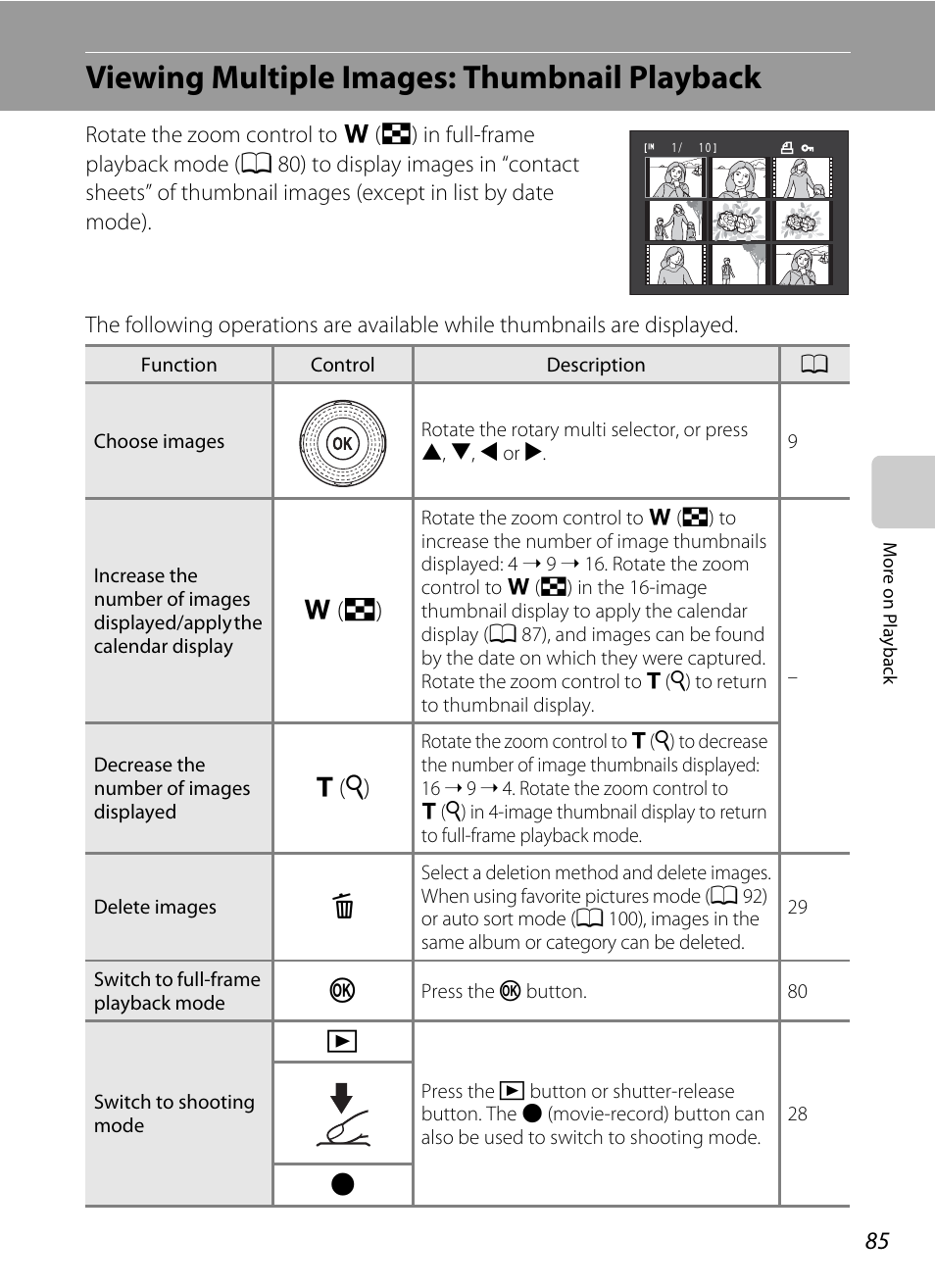 Viewing multiple images: thumbnail playback, A 85, Back | A 85), the first ima | Nikon COOLPIX-S8100 User Manual | Page 97 / 220