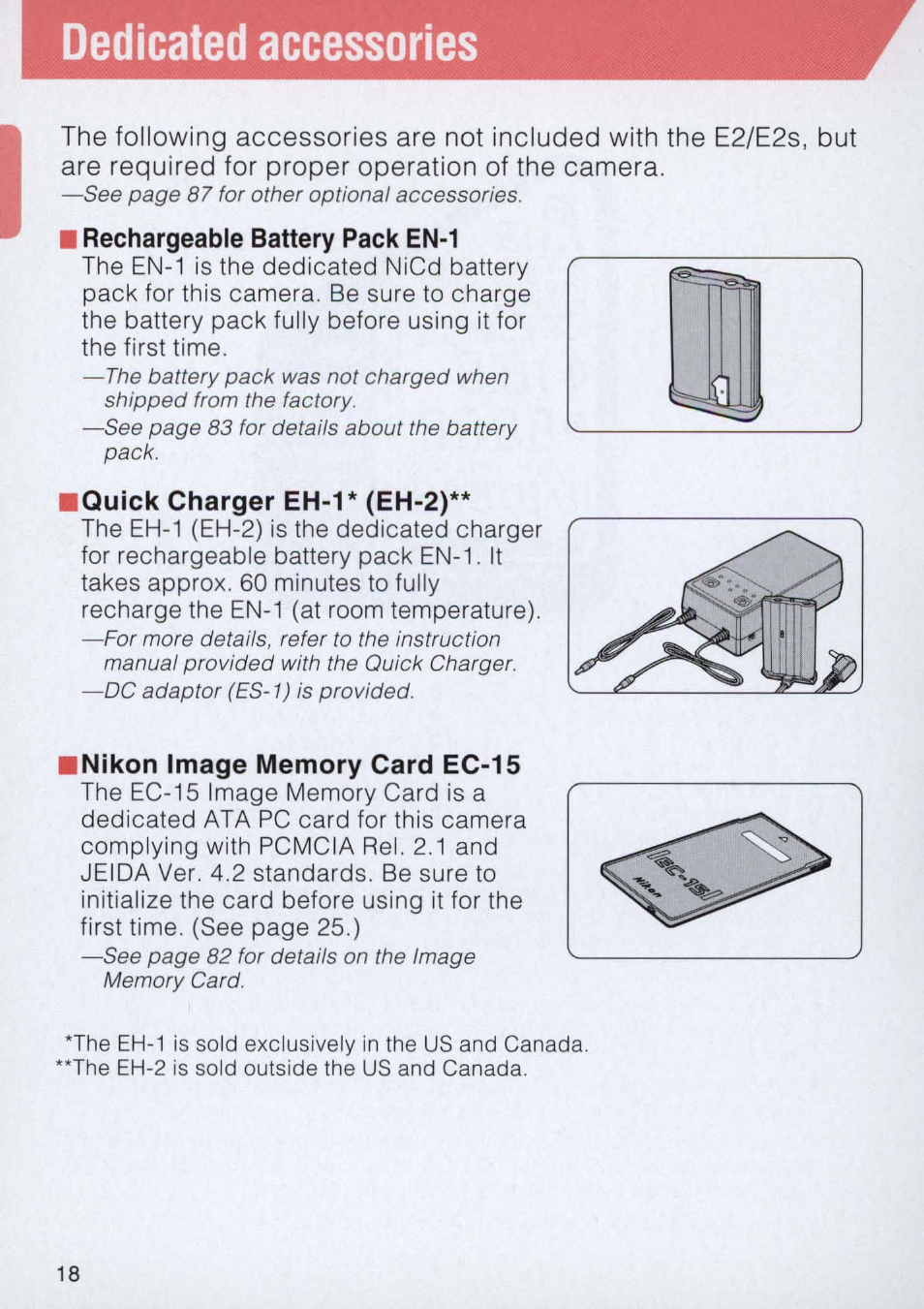 Dedicated accessories, Rechargeabie battery pack en-1, Quick charger eh-1* (eh-2) | Nikon image memory card ec-15 | Nikon E2 - E2S User Manual | Page 18 / 97