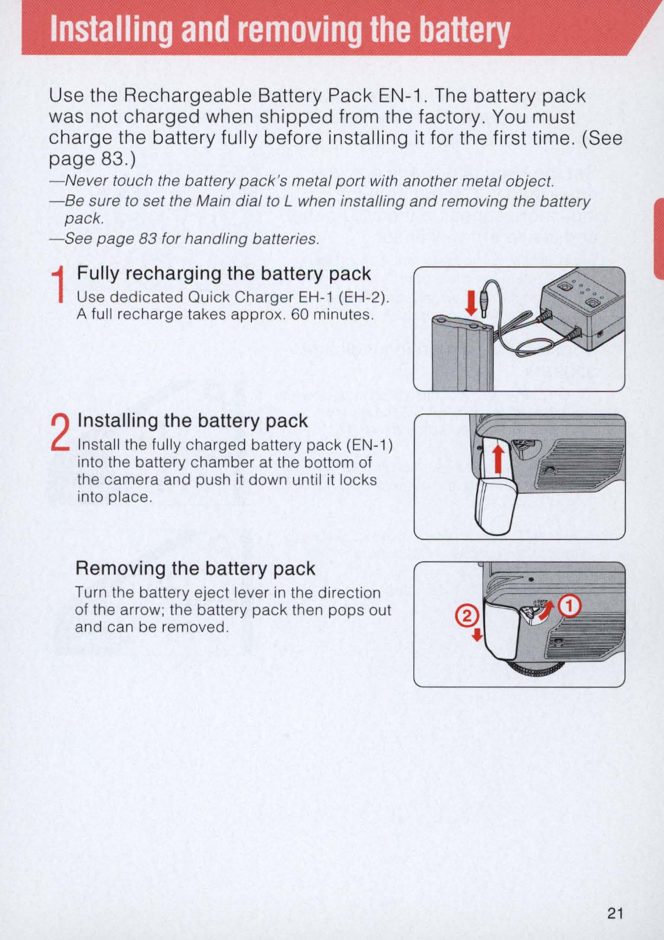 Installing and removing the battery | Nikon E2 - E2S User Manual | Page 21 / 97