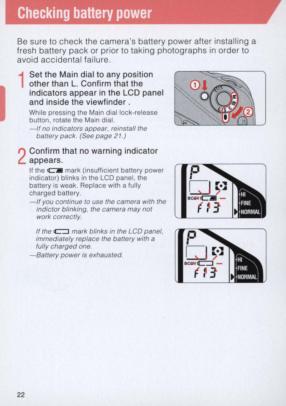 Checking battery power | Nikon E2 - E2S User Manual | Page 22 / 97