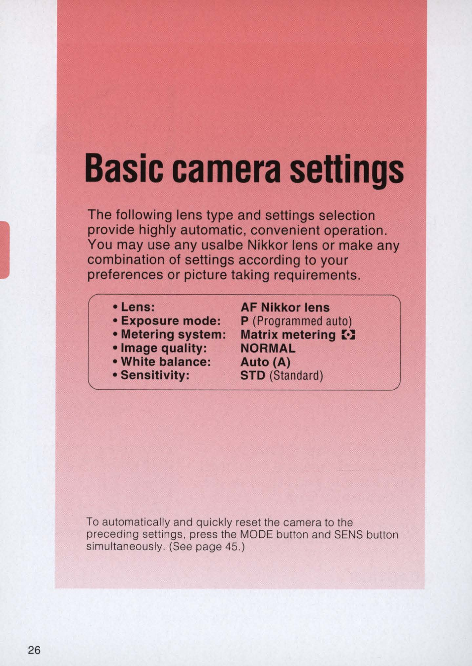 Basic camera settings, Programmed auto), Standard) | Nikon E2 - E2S User Manual | Page 26 / 97