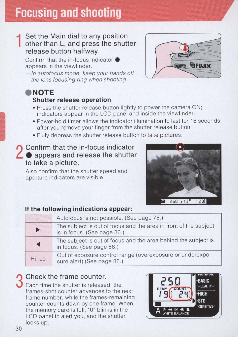 Focusing and shooting, Shutter release operation, Confirm that the in-focus indicator | Appears and release the shutter to take a picture, If the following indications appear, Check the frame counter | Nikon E2 - E2S User Manual | Page 30 / 97