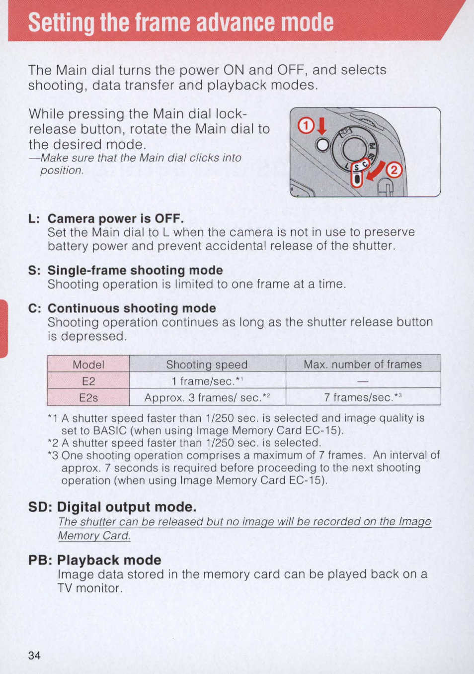 L: camera power is off, S: single-frame shooting mode, C: continuous shooting mode | Sd: digital output mode, Pb: playback mode, Setting the frame advance mode | Nikon E2 - E2S User Manual | Page 34 / 97
