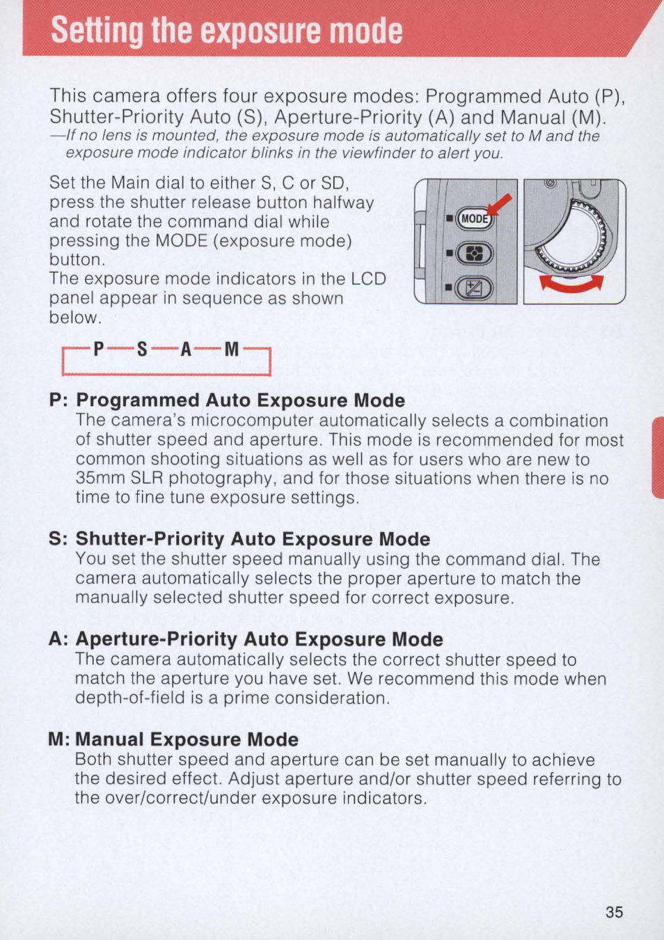 P: programmed auto exposure mode, S: shutter-priority auto exposure mode, A: aperture-priority auto exposure mode | M: manuai exposure mode, Manuai exposure mode -55, Setting the exposure mode | Nikon E2 - E2S User Manual | Page 35 / 97